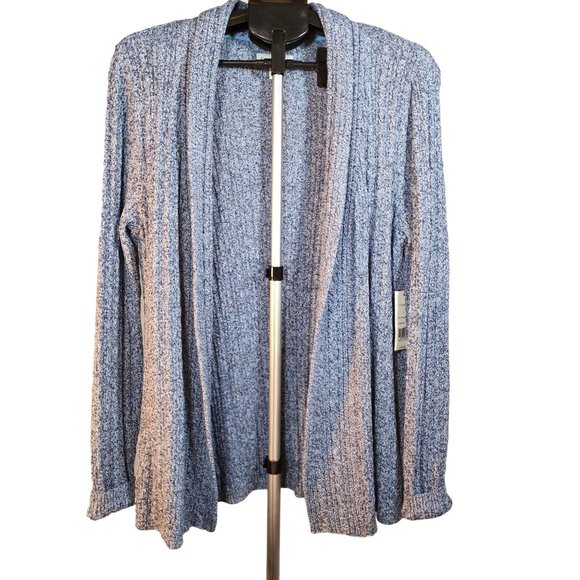 Kim Rogers Blue with White Open Front  Cable Knit Relaxed Fit Cardigan. Size Lar - Picture 13 of 13